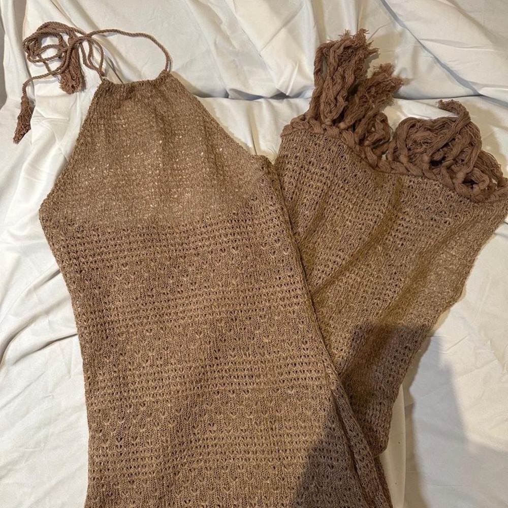 Brown crotchet halter‎ knitted dress